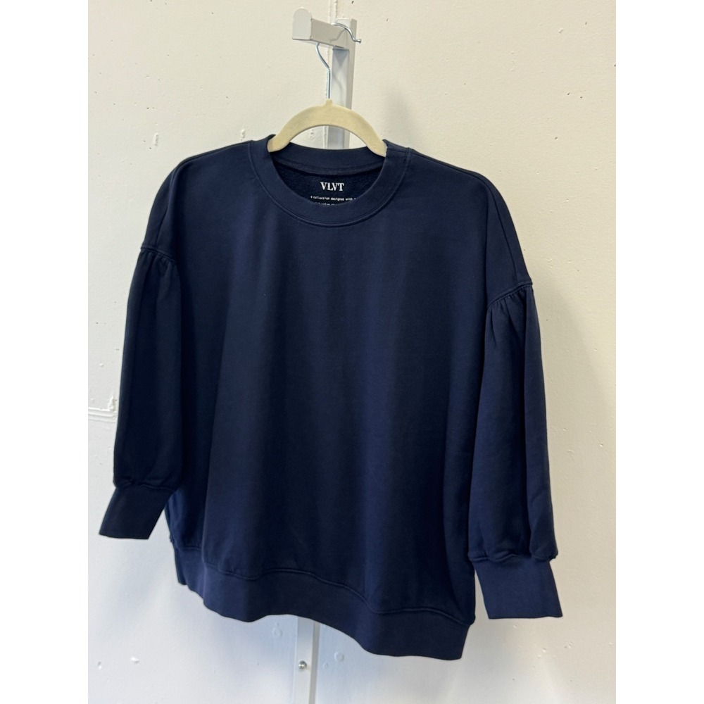 Velvet by Graham & Spencer VLVT Navy Blue Puff Sleeve Cotton Sweatshirt Small - Picture 3 of 9